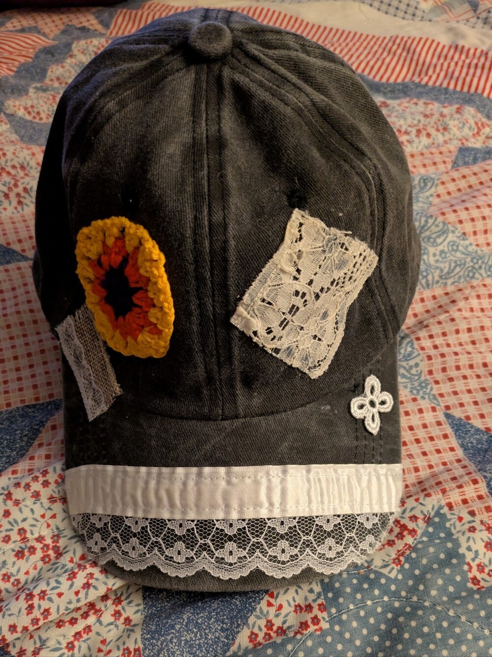 Hand Made Embellished Black Baseball Cap with Lace and Crochet Flower